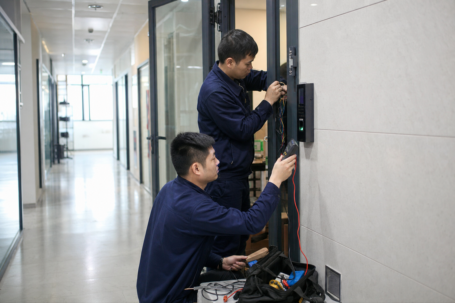 康永安防工程师在深圳写字楼现场安装门禁系统